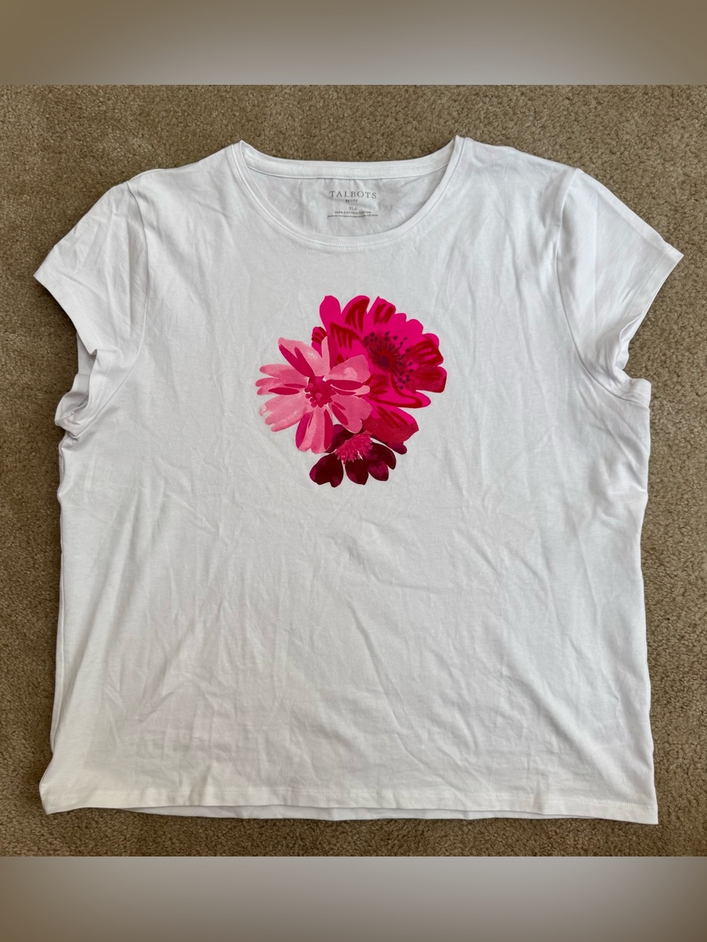 Talbots Sz XL Petite White Short-Sleeve Tee with Pink Floral Graphic